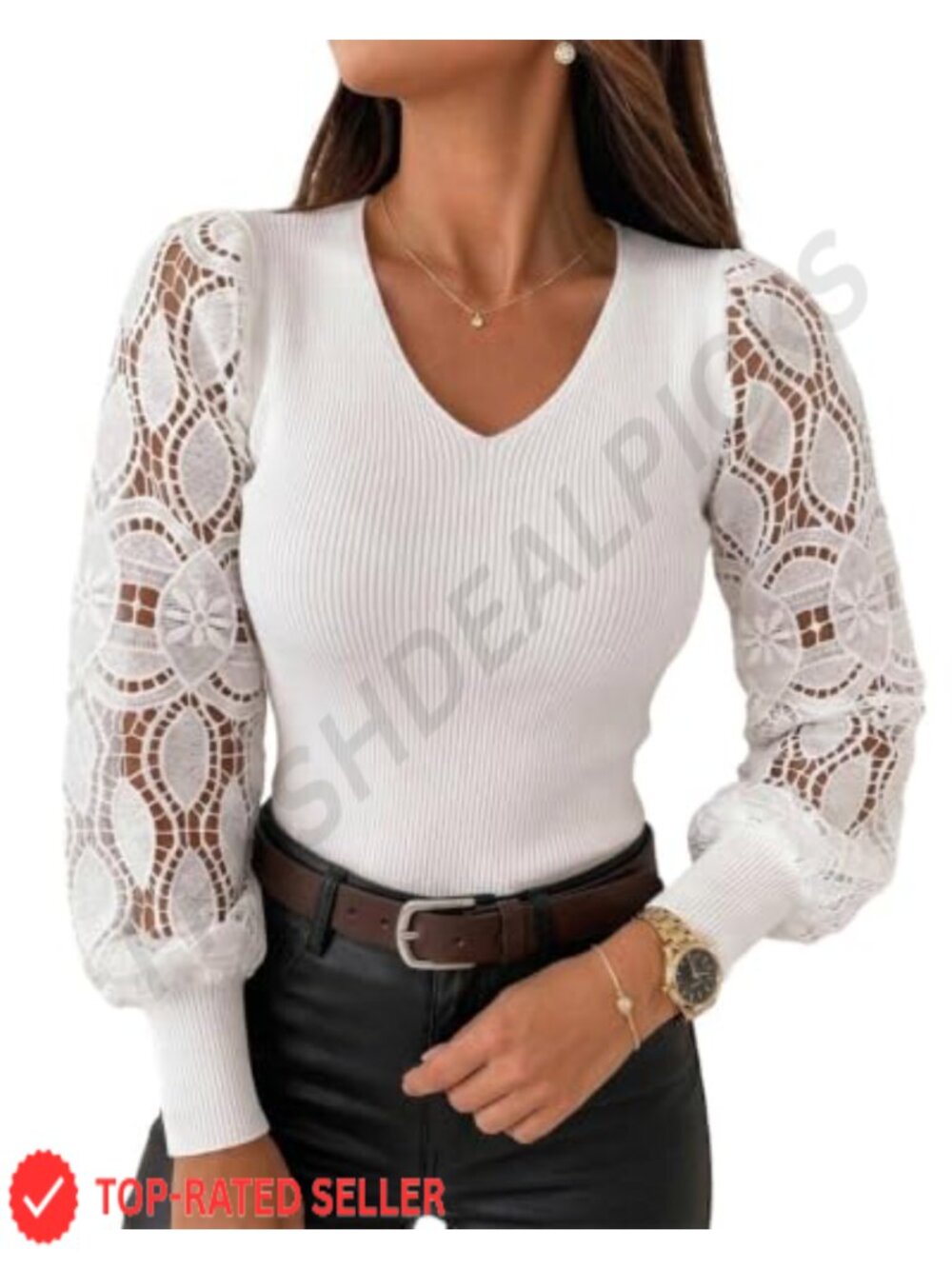 Lace Sleeve V-Neck Ribbed Knit Pullover Sweater